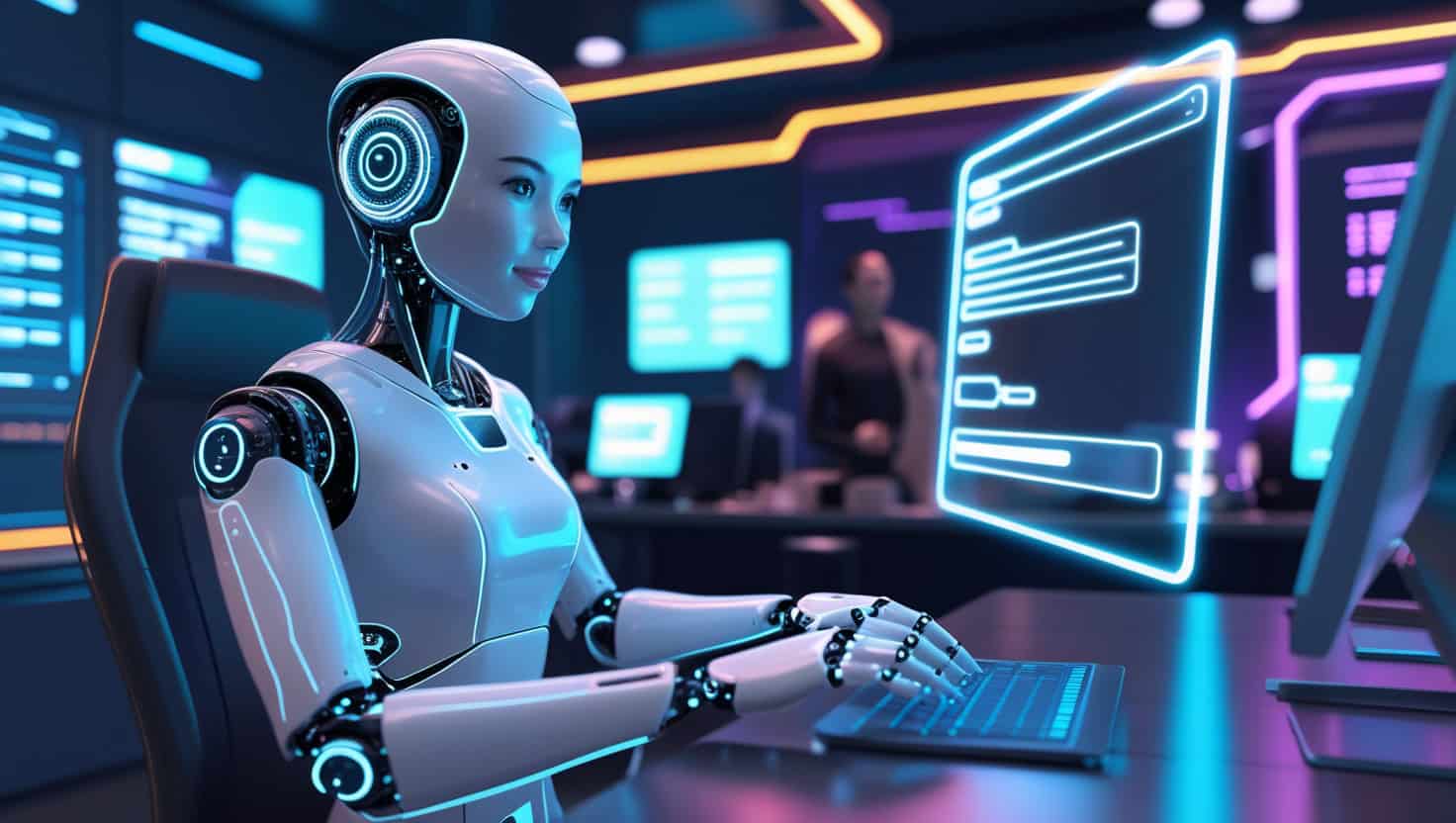 Futuristic robot working on a computer at NeKuDos Teknoloji innovative tech company.