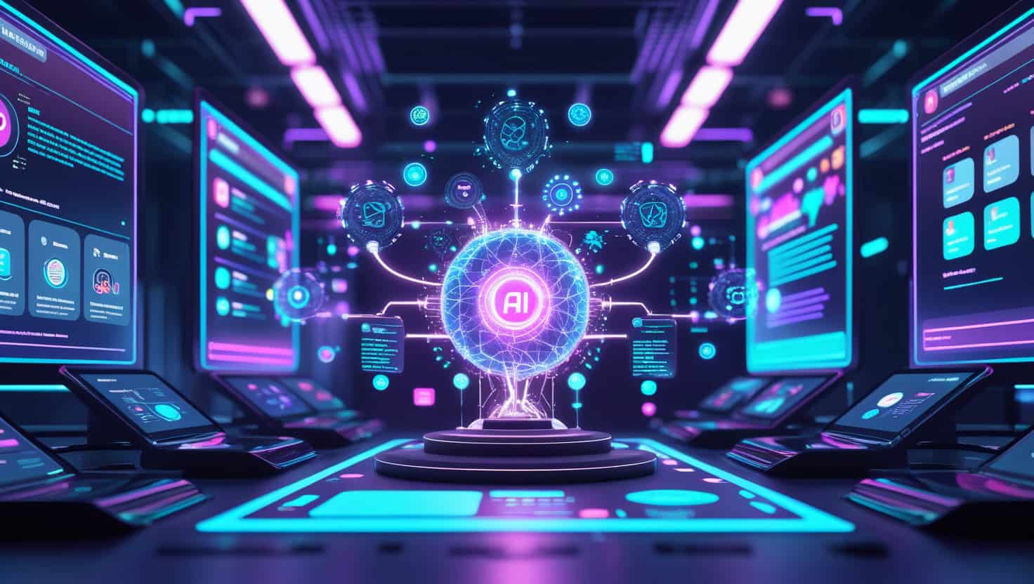AI technology concept with digital interfaces and holographic elements.