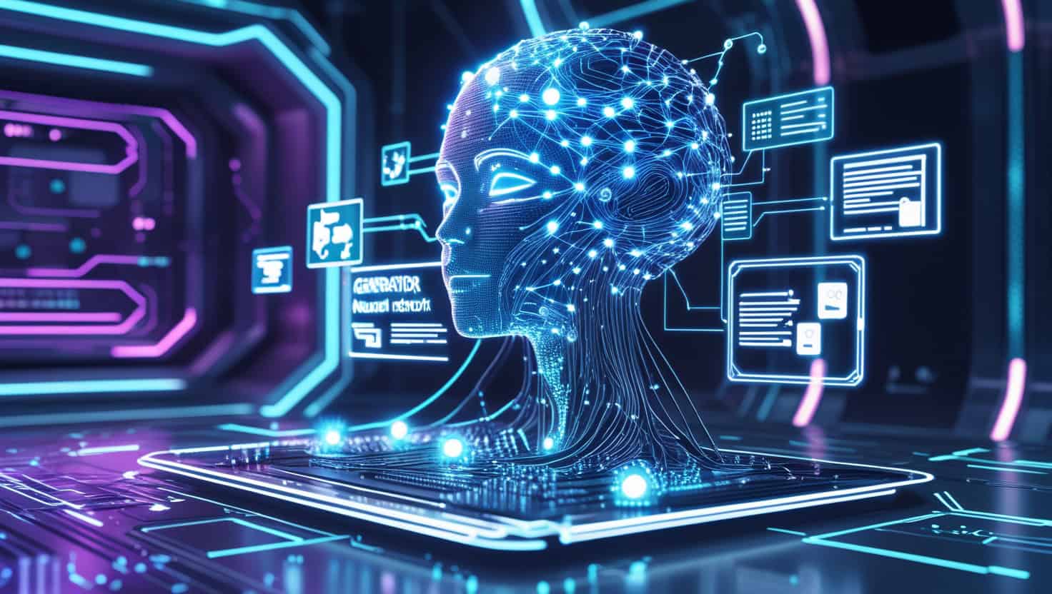 Futuristic digital human brain with neural network visualization, technological AI concept, cybernetic interface, advanced AI analytics, and data processing.