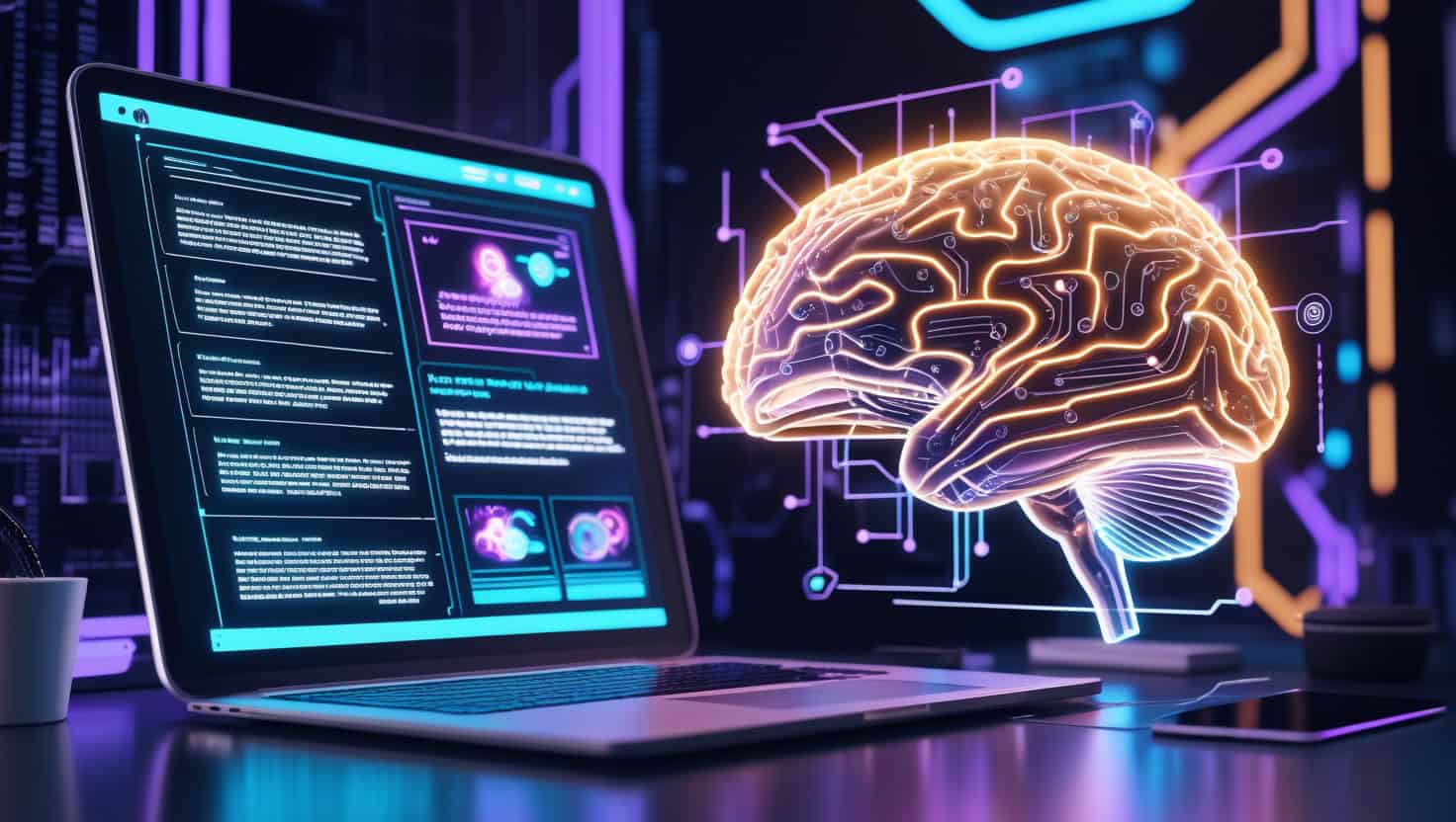 NeKuDos Technology brain hologram with digital interface on laptop screen in a futuristic tech setting.