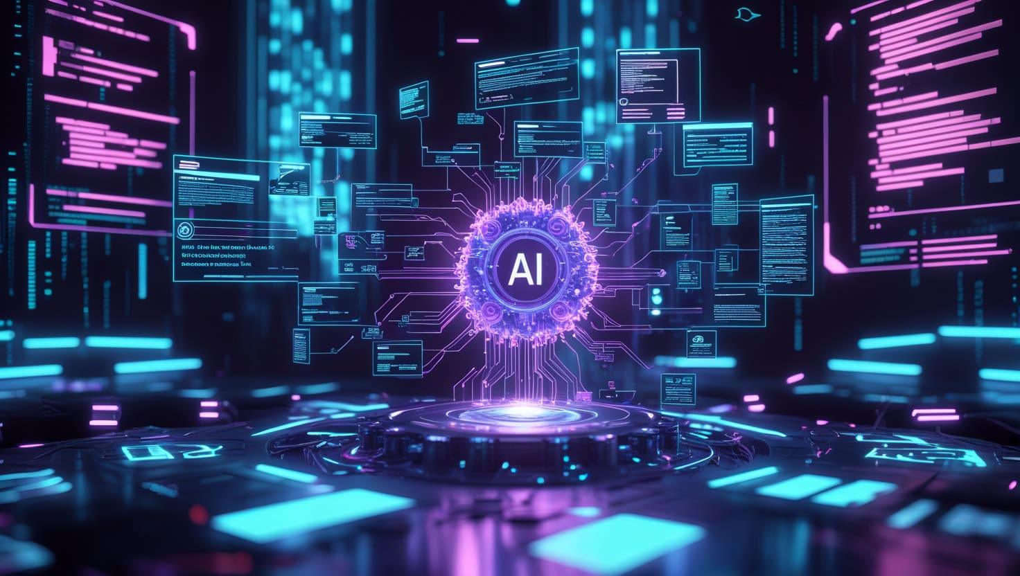 AI technology and digital data visualization at NeKuDos Teknoloji; futuristic AI interface and innovation.
