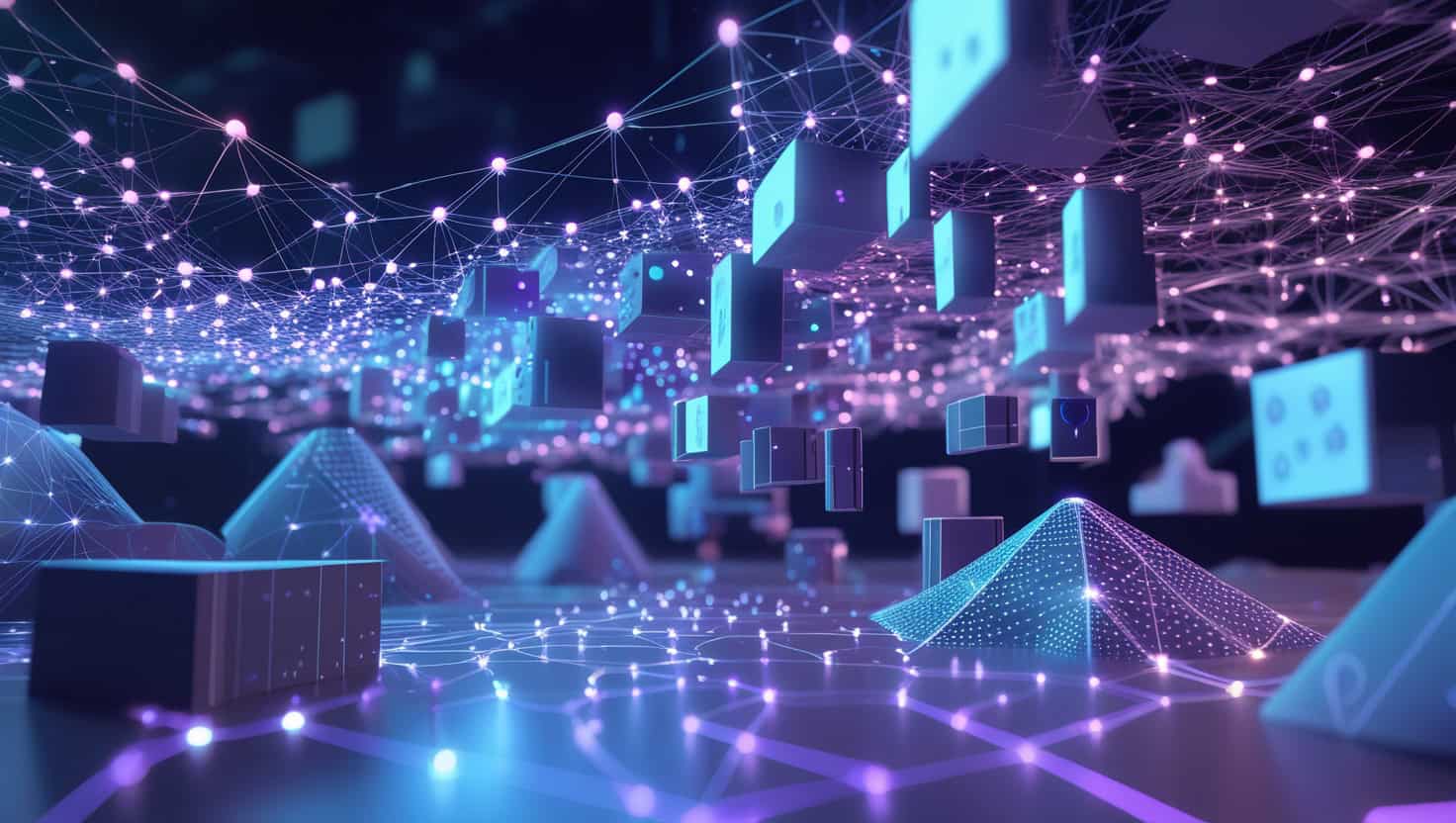 Futuristic digital network with glowing data points and cubes, emphasizing advanced technology and innovation.