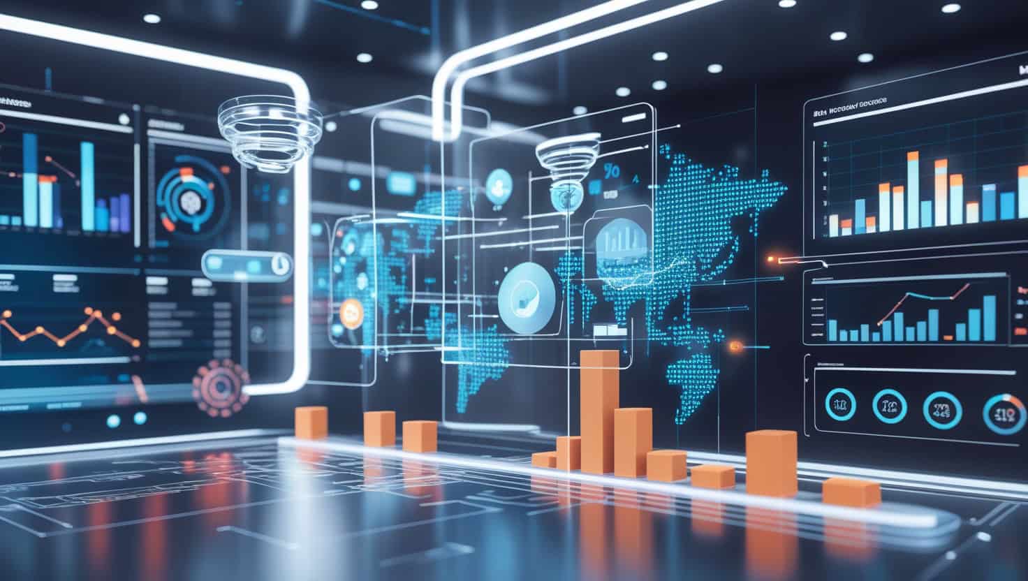 Futuristic digital dashboard with data analytics, bar graphs, world map, and holographic interfaces for technology insights.