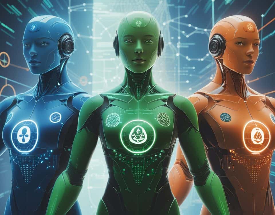 Blue, green, and orange humanoid robots with advanced technology and AI features at NeKuDos Teknoloji.