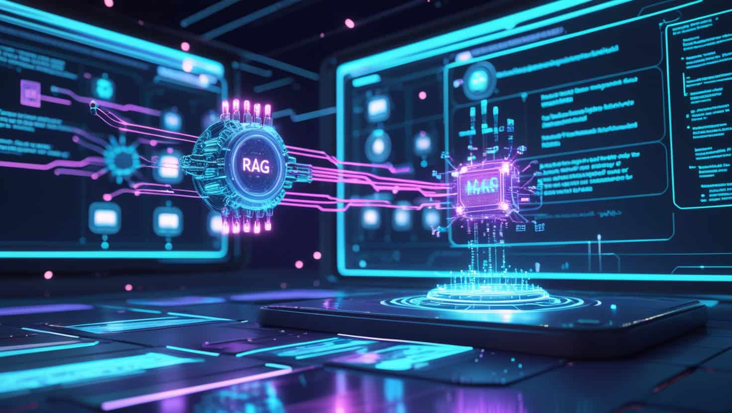 RAG technology illustration with digital futuristic interface and data flow graphics.