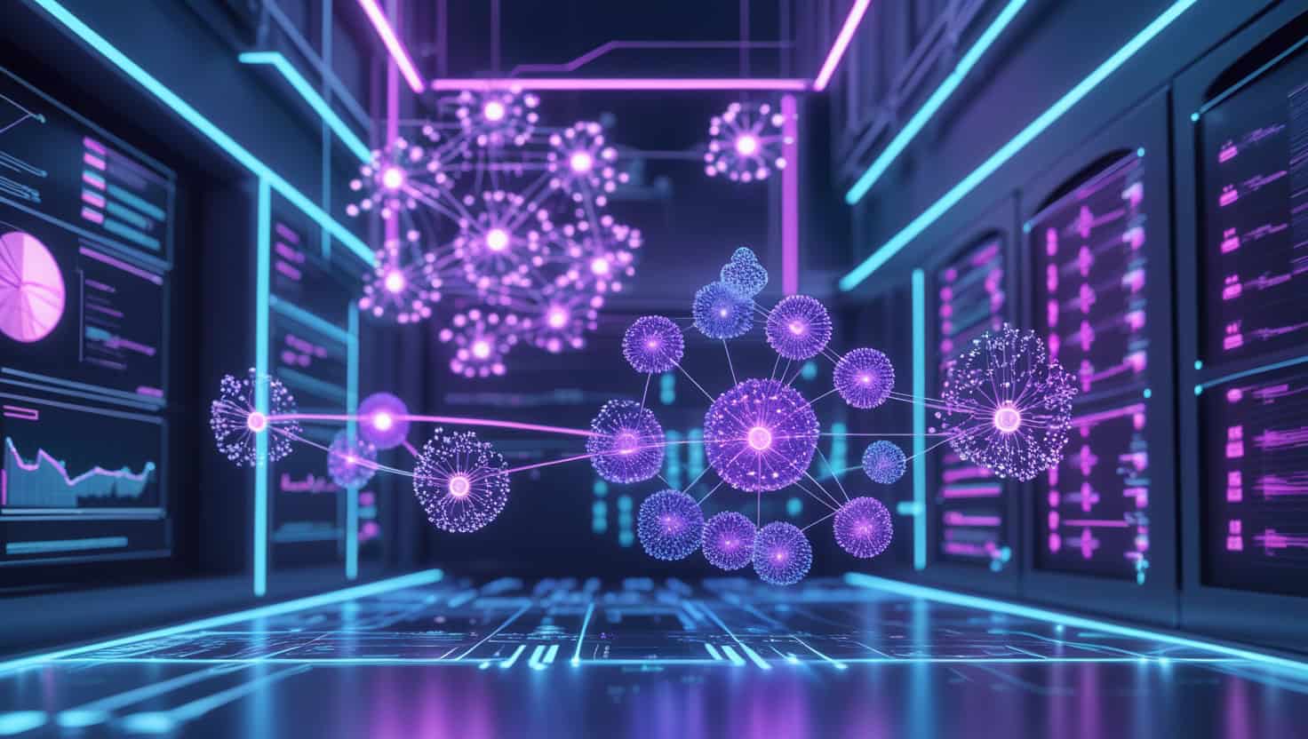 Futuristic digital network with glowing purple data nodes and cityscape background, representing advanced technology and data connectivity.