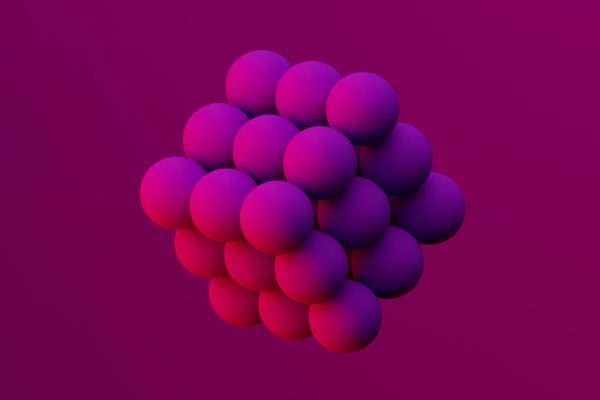 Violet and pink 3D sphere cluster illustration for NeKuDos Teknoloji, highlighting innovative digital technology concepts.